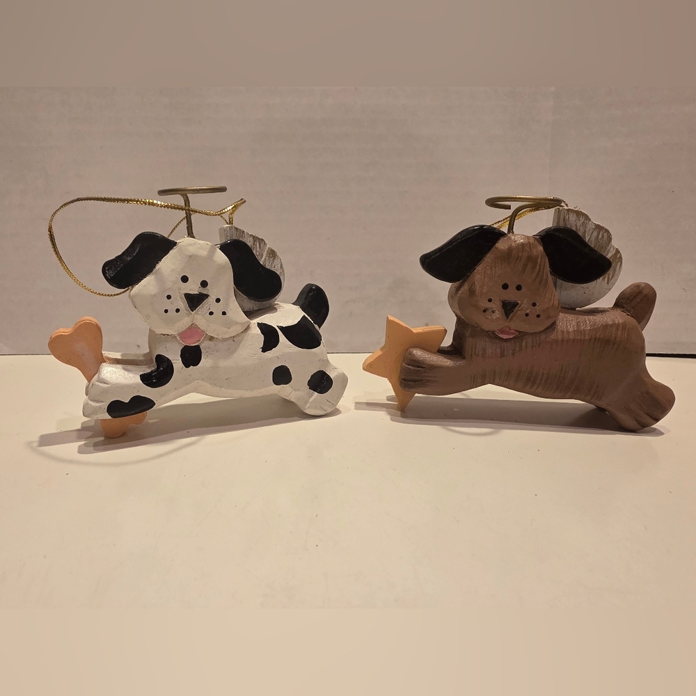 Vintage Handpainted Wood Folk Art Angel Dog Christmas Ornaments